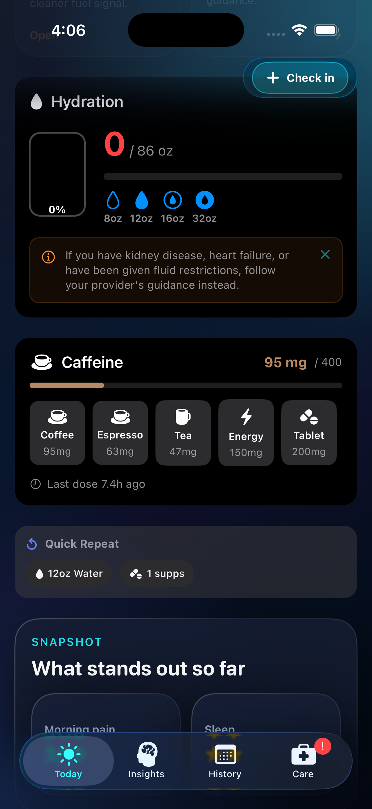 Sentira logging screens including hydration and nutrition